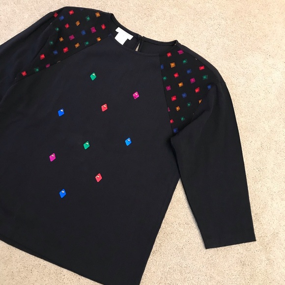 Vintage 80s Donnkenny Wearable Art Blouse Womens Small Black Made In USA Pop Art - Picture 5 of 8